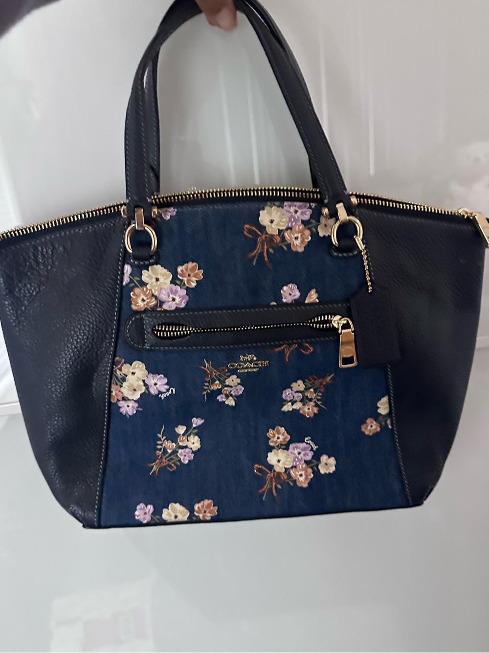 Coach Navy Floral Leather Tote Bag Like New Denim